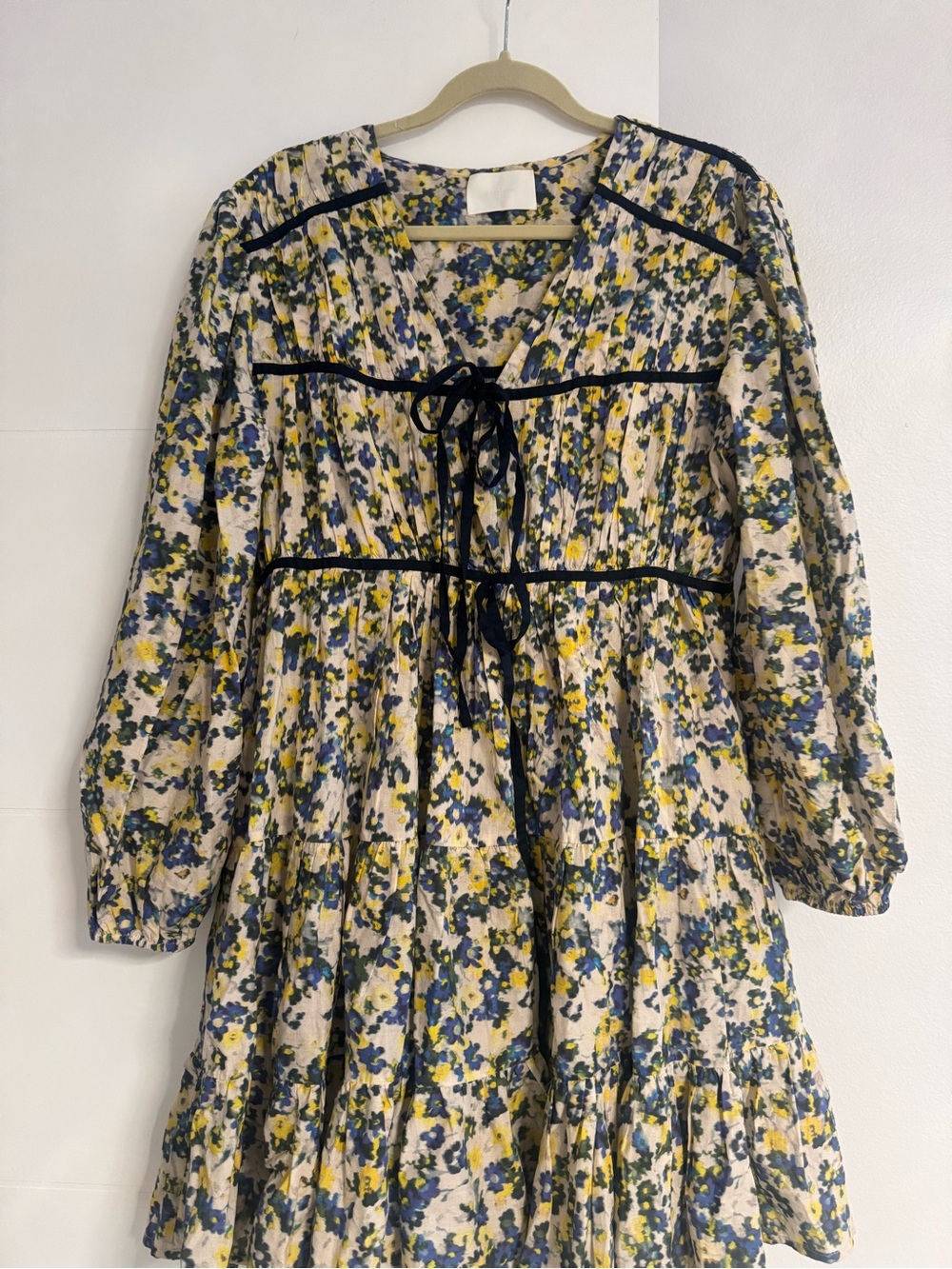 Asymmetrical Women’s Floral Tie-Front Dress in Cream, Blue & Yellow